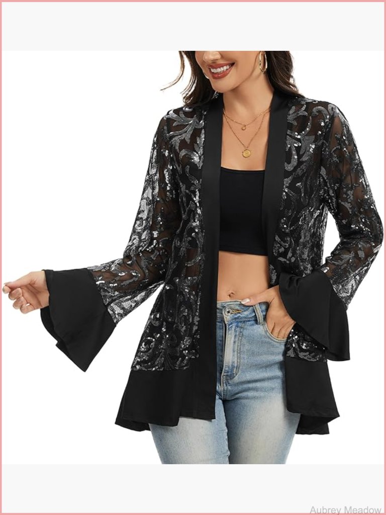 Sequin Lace Mesh Open Front Cardigan Jacket For Evening